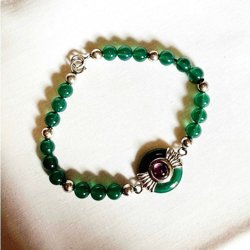 Sterling Silver Bracelet • 7” • Green Stone Beads • 925 Stamped